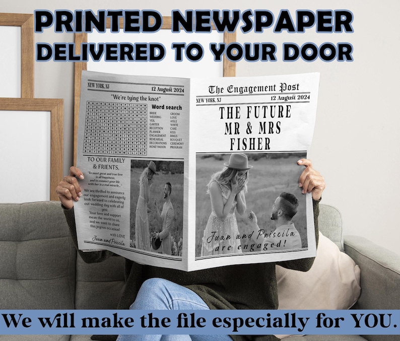 Wedding Engagement Newspaper printed and delivered, Engagement Wedding Newspaper For Photography, printed physical item, the wedding times