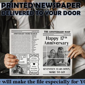 Op de afbeelding: Een gepersonaliseerde krantenprint met de kop "Happy 17th Anniversary". De krant bevat een woordzoeker, foto's en de tekst "Seventeen Years Down, More to Go!". De tekst "Printed Newspaper Delivered to Your Door" staat bovenaan.