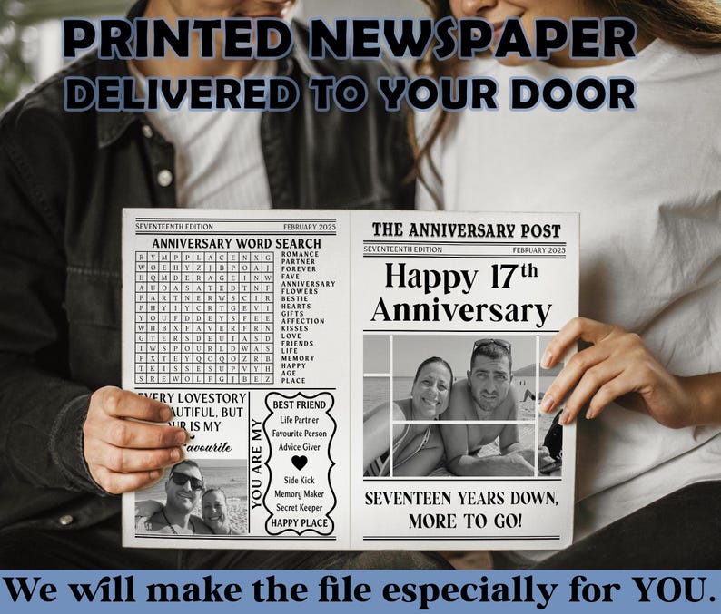 Op de afbeelding: Een gepersonaliseerde krantenprint met de kop "Happy 17th Anniversary". De krant bevat een woordzoeker, foto's en de tekst "Seventeen Years Down, More to Go!". De tekst "Printed Newspaper Delivered to Your Door" staat bovenaan.