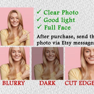 May include: A collage of images demonstrating photo quality. The top left image shows a woman with blonde hair and a yellow shirt, pointing. Text reads "Clear Photo," "Good light," and "Full Face." Below are examples of blurry, dark, and cut-edge photos.