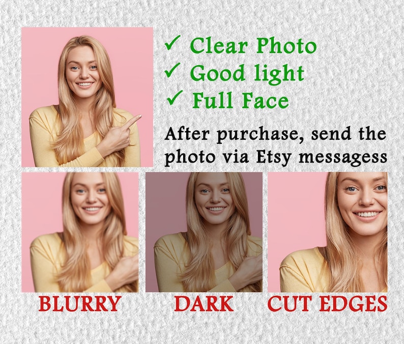 May include: A collage of images demonstrating photo quality. The top left image shows a woman with blonde hair and a yellow shirt, pointing. Text reads "Clear Photo," "Good light," and "Full Face." Below are examples of blurry, dark, and cut-edge photos.