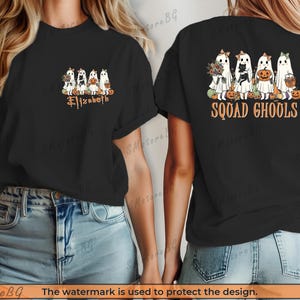 Camiseta de Halloween con fantasmas del Escuadrón Ghouls, sudadera con estampado floral de fantasmas, camiseta infantil de otoño con gato negro y calabaza, regalo para amantes de los fantasmas, fantasma adorable