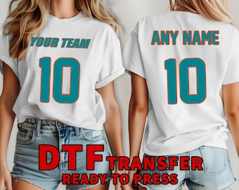 Miami DTF for jersey, dolphin Ready to Press, your team name and number, custom Iron On Transfer, football jersey number iron on