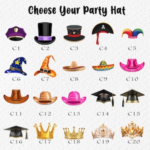 May include: An illustration featuring a variety of party hats, including a police hat, top hat, pirate hat, wizard hat, sombrero, cowboy hat, graduation cap, and crowns. The text "Choose Your Party Hat" is at the top.