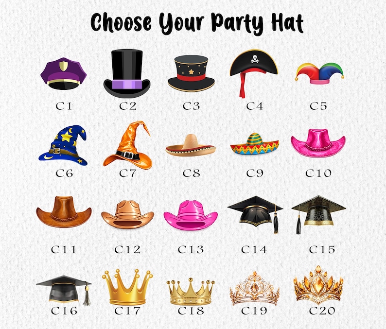 May include: An illustration featuring a variety of party hats, including a police hat, top hat, pirate hat, wizard hat, sombrero, cowboy hat, graduation cap, and crowns. The text "Choose Your Party Hat" is at the top.