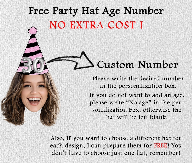 May include: A party hat with black and pink stripes and the number 30 on it. The text reads "Free Party Hat Age Number NO EXTRA COST!" and "Custom Number". Instructions are provided for personalization.