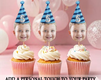 Personalized Face Cupcake Toppers for Birthday, Custom Photo Cake Topper with Blue Glitter Party Hat, Fun Birthday Party Decorations