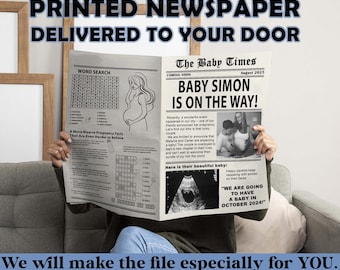 Baby announcement Newspaper printed, Pregnancy announcement Newspaper physical item, Baby shower program, personalized Baby announcement