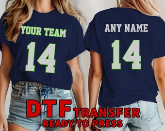 Camiseta de Seattle DTF, Seahawk Listo para estampar, nombre y número de tu equipo, transferencia termoadhesiva personalizada, número de camiseta de fútbol americano para estampar