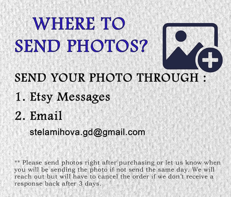 May include: A graphic with the text "WHERE TO SEND PHOTOS?" in blue. Instructions are provided to send photos via Etsy Messages or email. The email address stelmihova.gd@gmail.com is listed. An image icon with a plus sign is also present.
