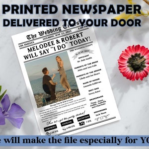 May include: A black and white wedding announcement newspaper template with a photo of a couple on the beach. The headline reads "The Wedding" and the subheading reads "Melodee & Robert will say "I do" today!" The announcement includes the wedding date, officiant, parents of the bride and groom, maid of honor, best man, bridesmaids, and groomsmen. The announcement also includes the times for the ceremony, cocktail hour, and reception.