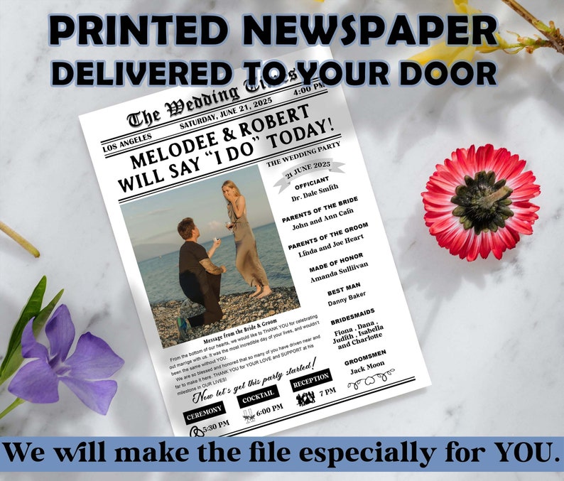 May include: A black and white wedding announcement newspaper template with a photo of a couple on the beach. The headline reads "The Wedding" and the subheading reads "Melodee & Robert will say "I do" today!" The announcement includes the wedding date, officiant, parents of the bride and groom, maid of honor, best man, bridesmaids, and groomsmen. The announcement also includes the times for the ceremony, cocktail hour, and reception.