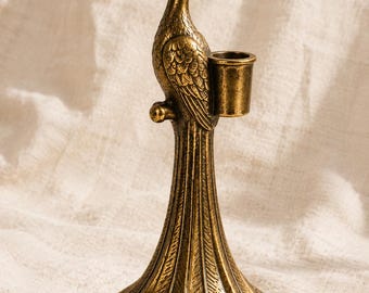 Peacock Taper Candle Holder: Antique Gold Candle Holder, Vintage Bird Decor