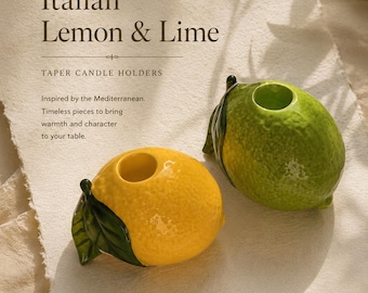 Kandelaars met taps toelopende citroen-limoen: mediterraan fruitdecor, handgeschilderde Amalfikust-stijl