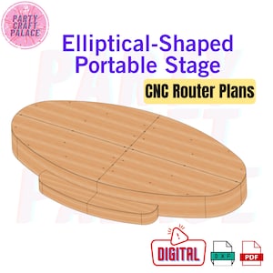 Op de afbeelding: Digitale CNC-routerplannen voor het bouwen van een elliptisch, draagbaar podium. De plannen omvatten DXF- en PDF-bestanden.