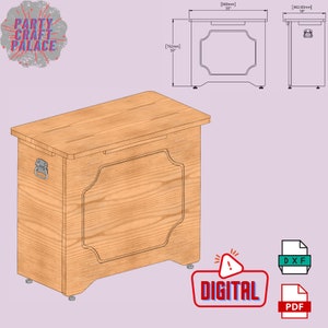 May include: A wooden storage box with a hinged lid and a decorative front panel. The box is 76.2 cm tall, 88.9 cm wide, and 48.3 cm deep. The box is made of natural wood with a light brown finish.