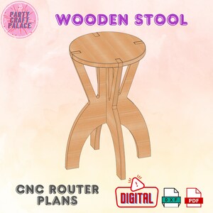 Könnte beinhalten: Digitale CNC-Fräserpläne für einen Holzhocker. Der Hocker hat eine runde Oberseite und vier Beine, die gebogen sind und in einem einzigartigen Design miteinander verbunden sind. Die Pläne sind in den Formaten DXF und PDF verfügbar.