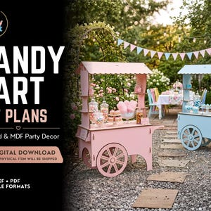 Può includere: Due carretti di caramelle rosa e blu, decorati con dolci, sono esposti all'aperto. L'immagine include il testo "CANDY CART DXF PLANS" e "DIGITAL DOWNLOAD". I carretti sono in compensato e MDF.