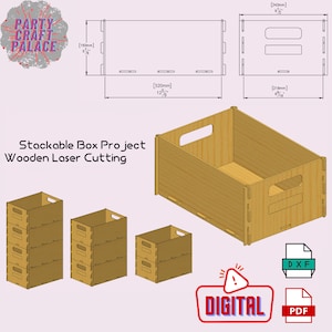 May include: Digital download of a laser cut wooden box project. The design includes a stackable box with a handle and a separate lid. The dimensions are 320mm by 218mm by 242mm.