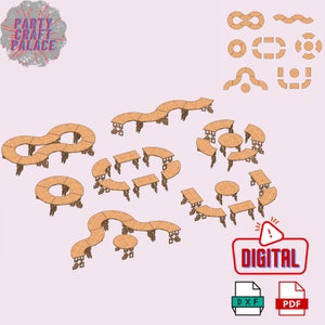 May include: Digital download of 16 different table designs for crafting. The designs are for a variety of shapes, including circles, ovals, and curved shapes. The designs are in brown and white.