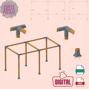 Puede incluir: Descarga digital de planos para una pérgola de madera con una huella de 235,3 cm por 160 cm. Los planos incluyen un diagrama detallado de la pérgola con medidas en centímetros, así como vistas de cerca de los soportes de las esquinas y las placas base.