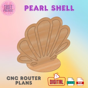 May include: CNC router plans for a wooden pearl shell. The digital download includes DXF and PDF files. The shell is a light brown colour and has a 3D effect.