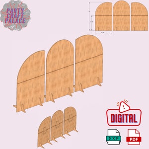 May include: A set of three arched wooden room dividers with a natural wood finish. The dividers are 42 inches tall and 47 inches wide. The dividers are designed to be used as a room divider or as a backdrop for a photo booth. The dividers are available in digital format as a DXF and PDF file.