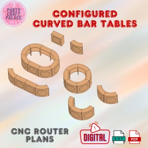 May include: CNC router plans for building curved bar tables. The digital download includes DXF and PDF files. The plans show a variety of curved bar table designs, including a circular bar table and a long, curved bar table.