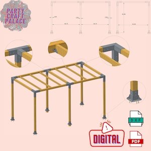Może przedstawiać: Cyfrowy pobrany plan pergoli. Plan zawiera renderowanie 3D pergoli, szczegółowy schemat konstrukcji i listę niezbędnych materiałów. Pergola jest wykonana z drewna i ma prostokątny kształt. Plan jest dostępny w formatach PDF i DXF.