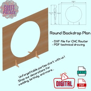 Könnte beinhalten: Digitaler Download eines runden Hintergrundplans für eine DIY-Fotobox. Der Plan beinhaltet eine DXF-Datei für den CNC-Fräser und eine technische Zeichnung im PDF-Format. Der Hintergrund ist aus Holz und hat einen runden Ausschnitt in der Mitte. Der Text "Unvergessliche Partys beginnen bei uns! Schauen Sie sich unsere Dekorationen für Hochzeit, Geburtstag und mehr an..." steht unter dem Hintergrund.
