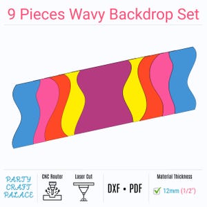 May include: A colorful wavy backdrop set with nine pieces. The design features a series of curved shapes in blue, pink, red, yellow, and purple. The material thickness is 1/2 inch. The text on the image says "9 Pieces Wavy Backdrop Set".