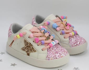 Custom Glitter Star Sneakers, Personalized Name Beads, Pink Bling Shoes