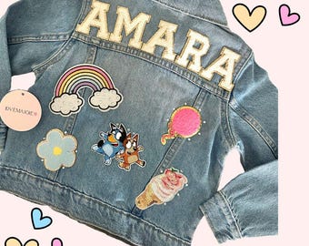 Personalized Bluey Inspired Denim Jacket, Custom Name Patches, Kids Gift