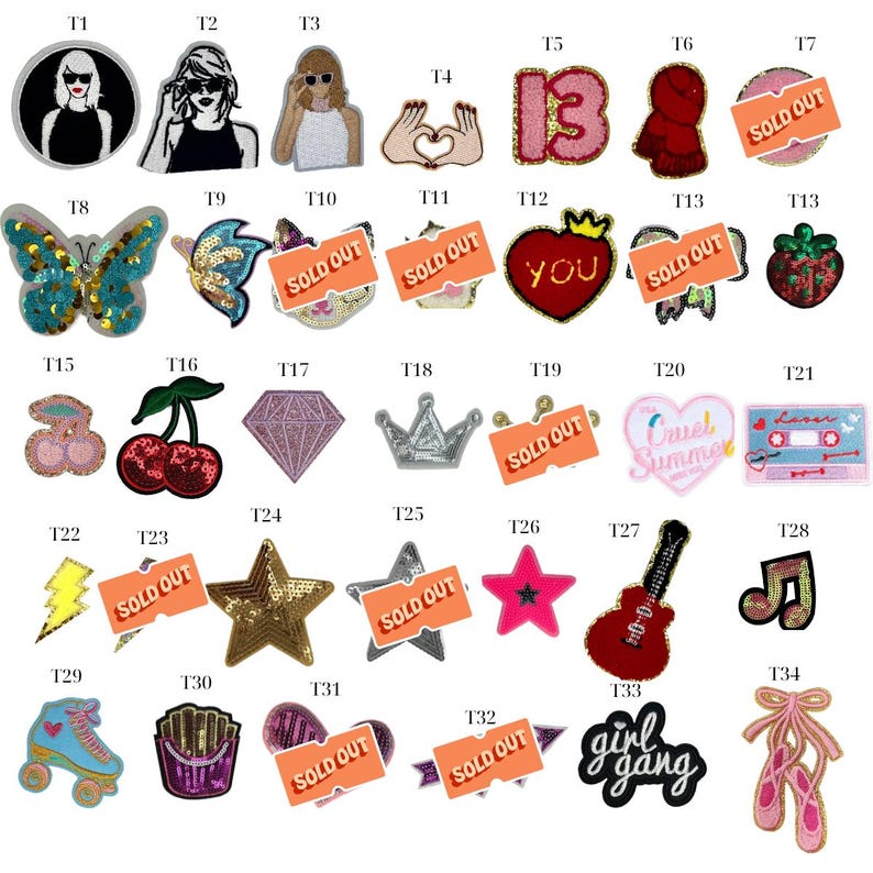 May include: A collection of embroidered and sequined patches featuring various designs including portraits, a heart, a crown, a guitar, a cassette tape, a butterfly, cherries, stars, and text such as 'YOU', 'Cruel Summer', and 'girl gang'.