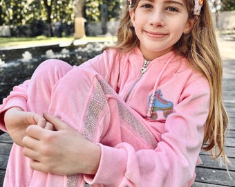 Personalized Pink Velour Tracksuit Set, Rhinestone Pants, Custom Patches