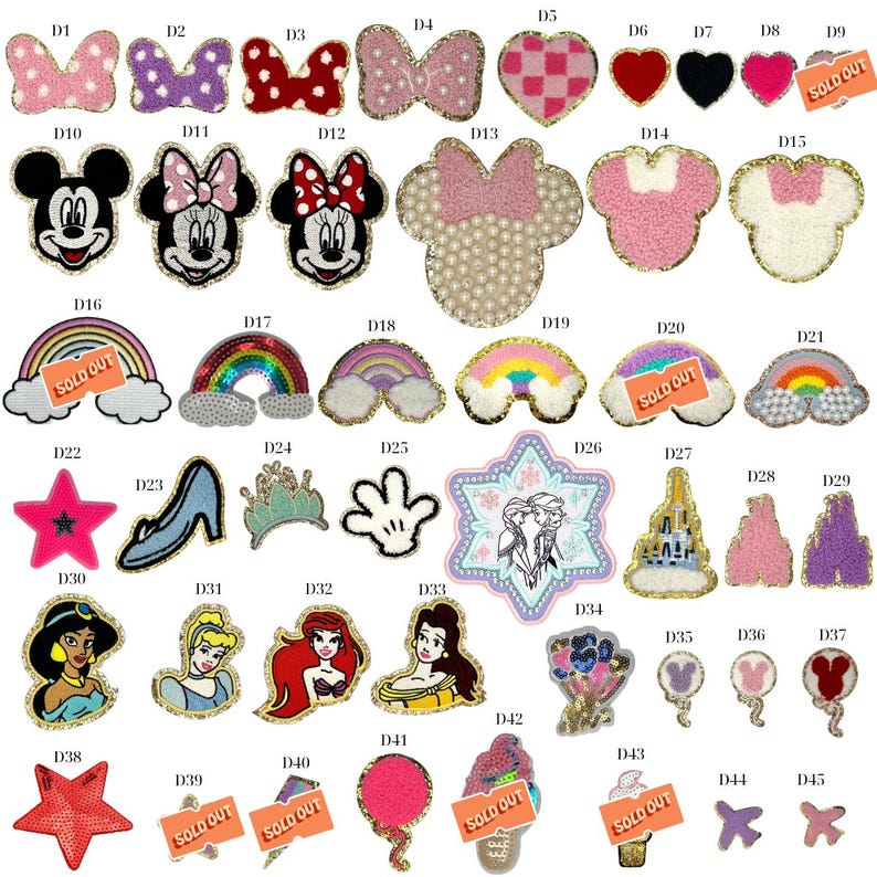 May include: A collection of assorted embroidered and sequined patches featuring various character shapes, rainbows, stars, hearts, and castle designs. Each patch is labeled with a code from D1 to D45, with some items marked as sold out.