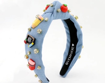 Denim Knotted Headband with Rhinestones: Back to School Style