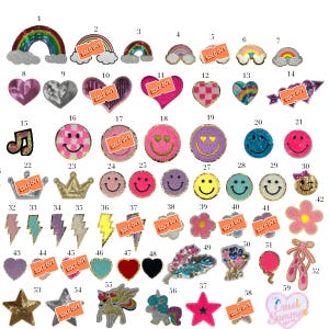 May include: A collection of assorted embroidered and sequined patches featuring various shapes including rainbows, hearts, smiley faces, crowns, lightning bolts, flowers, stars, and ballet slippers, each labeled with a number for identification.