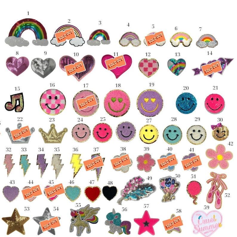 May include: A collection of assorted embroidered and sequined patches featuring various shapes including rainbows, hearts, smiley faces, crowns, lightning bolts, flowers, stars, and ballet slippers, each labeled with a number for identification.