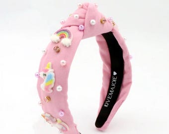 Unicorn Charm Headband: Rainbow Knotted Headband for Girls