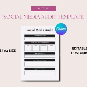 May include: A black and white social media audit template with the text "Social Media Audit Canva" at the top. The template includes sections for current platform used, results from the current platform, new platform to try, list of changes to make, and engagement analysis. The template is editable and customisable.