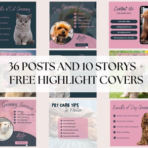 May include: A collage of images promoting pet grooming services. The images feature cats and dogs, with text highlighting the benefits of grooming, such as reducing shedding and maintaining hygiene. The text also lists grooming services offered, including bathing, haircuts, and nail trimming. The collage includes a contact us section with phone number, email address, and website.