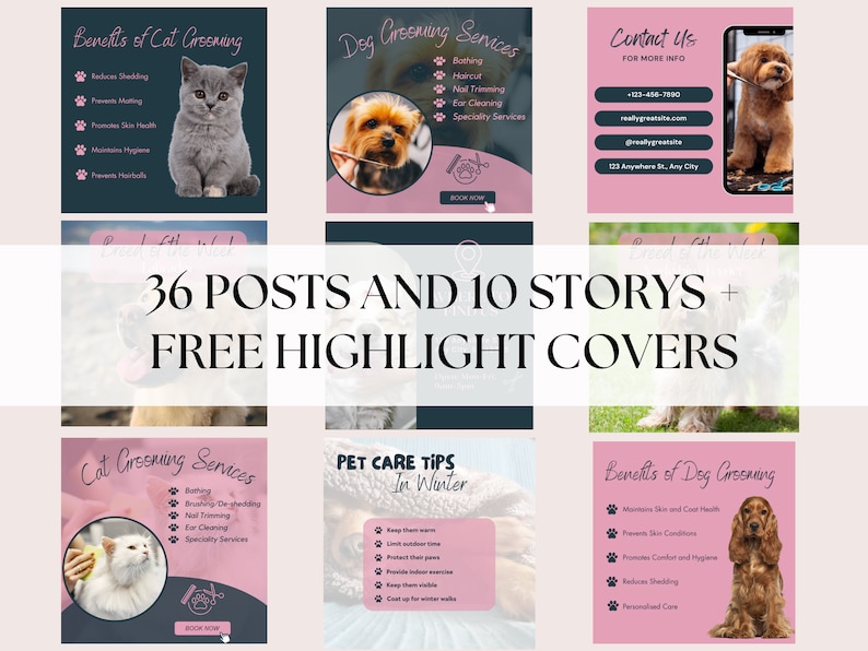 May include: A collage of images promoting pet grooming services. The images feature cats and dogs, with text highlighting the benefits of grooming, such as reducing shedding and maintaining hygiene. The text also lists grooming services offered, including bathing, haircuts, and nail trimming. The collage includes a contact us section with phone number, email address, and website.