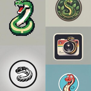 Könnte beinhalten: Eine Sammlung von Grafiken zum Thema Schlange. Enthält eine pixelige grüne Schlange, eine Schlange in einem grünen Kreis mit Blättern, eine Schlange auf einer Retro-Kamera, ein schwarz-weißes Schlangendesign und einen Cartoon-Schlangenaufkleber.