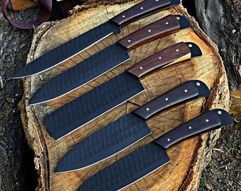 Ensemble de 5 couteaux de chef D2 à revêtement noir Ensemble de couteaux de cuisine et sac à roulettes en cuir