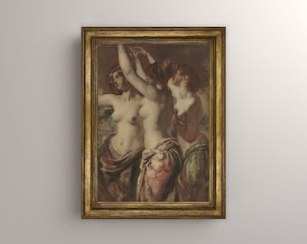 Drie dames | Olieverfschilderij | Afdrukbare vintage kunst | Afdrukbare digitale download voor woondecoratie | Klassieke kunst | Muurkunst | 19e eeuw