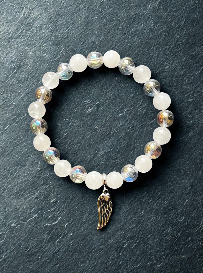 Moonstone & Angel Aura Charm Beaded Bracelet with Angel Wings – Moon Guardian | Dark Angel Design image 2