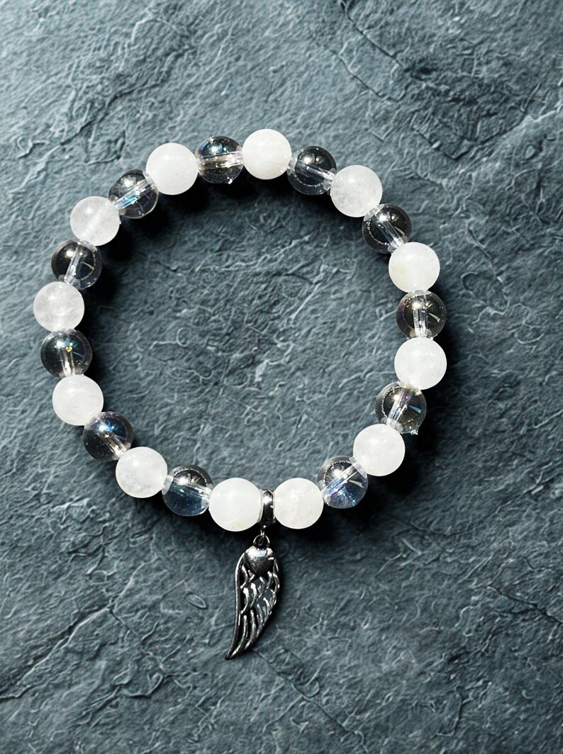 Moonstone & Angel Aura Charm Beaded Bracelet with Angel Wings – Moon Guardian | Dark Angel Design image 8