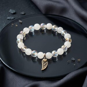 Moonstone & Angel Aura Charm Beaded Bracelet with Angel Wings – Moon Guardian | Dark Angel Design image 1
