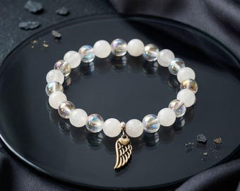 Moonstone & Angel Aura Charm Beaded Bracelet with Angel Wings – Moon Guardian | Dark Angel Design